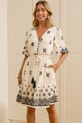 Scotlyn Mini Dress - V Neck Tasseled Drawstring Waist Mini with Pockets in Beige
