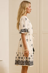 Scotlyn Mini Dress - V Neck Tasseled Drawstring Waist Mini with Pockets in Beige