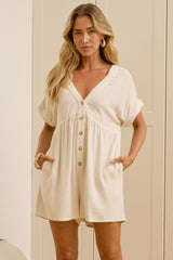 Perry Playsuit - V Neck Short Sleeve Button Down Playsuit with Pockets in Beige