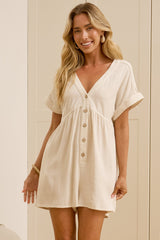 Perry Playsuit - V Neck Short Sleeve Button Down Playsuit with Pockets in Beige
