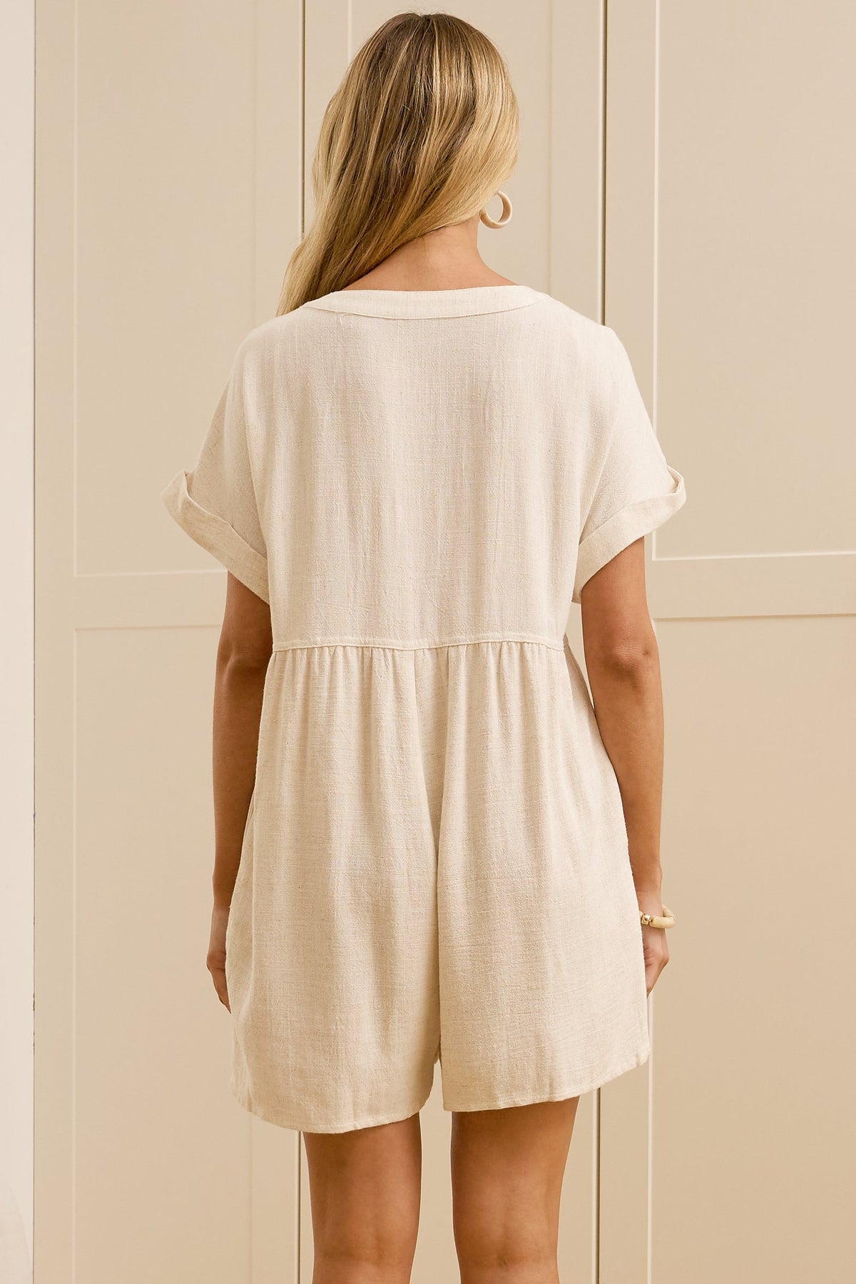 Perry Playsuit - V Neck Short Sleeve Button Down Playsuit with Pockets in Beige