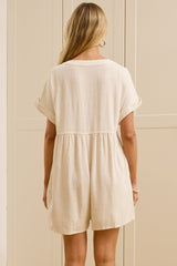 Perry Playsuit - V Neck Short Sleeve Button Down Playsuit with Pockets in Beige