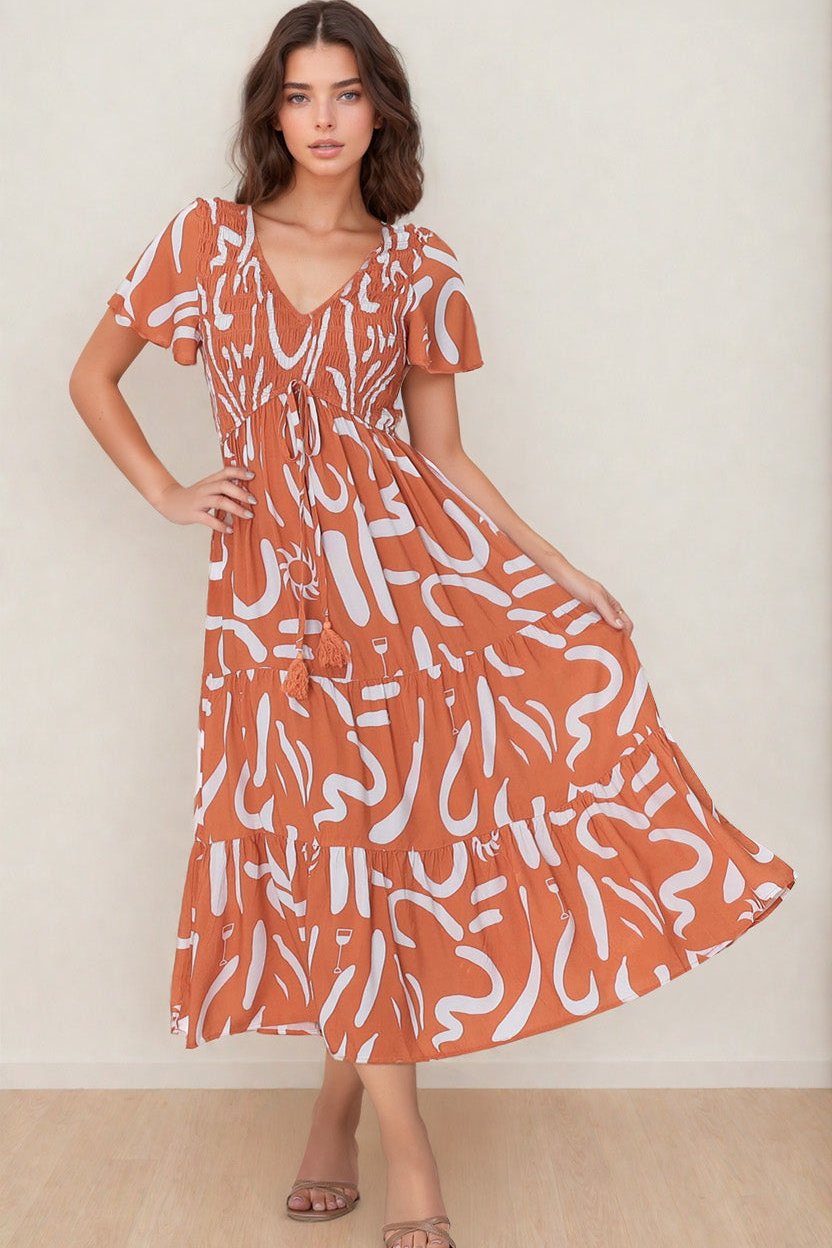 Amaya Midi Dress - Shirred Cap Sleeve A Line Dress in Daley Print Rust