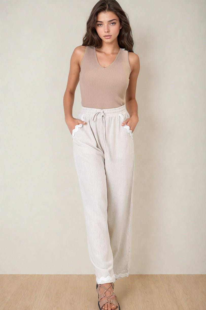 Bailie Linen Pants - Rick Rack Detailed Straight Leg Pants in Oat