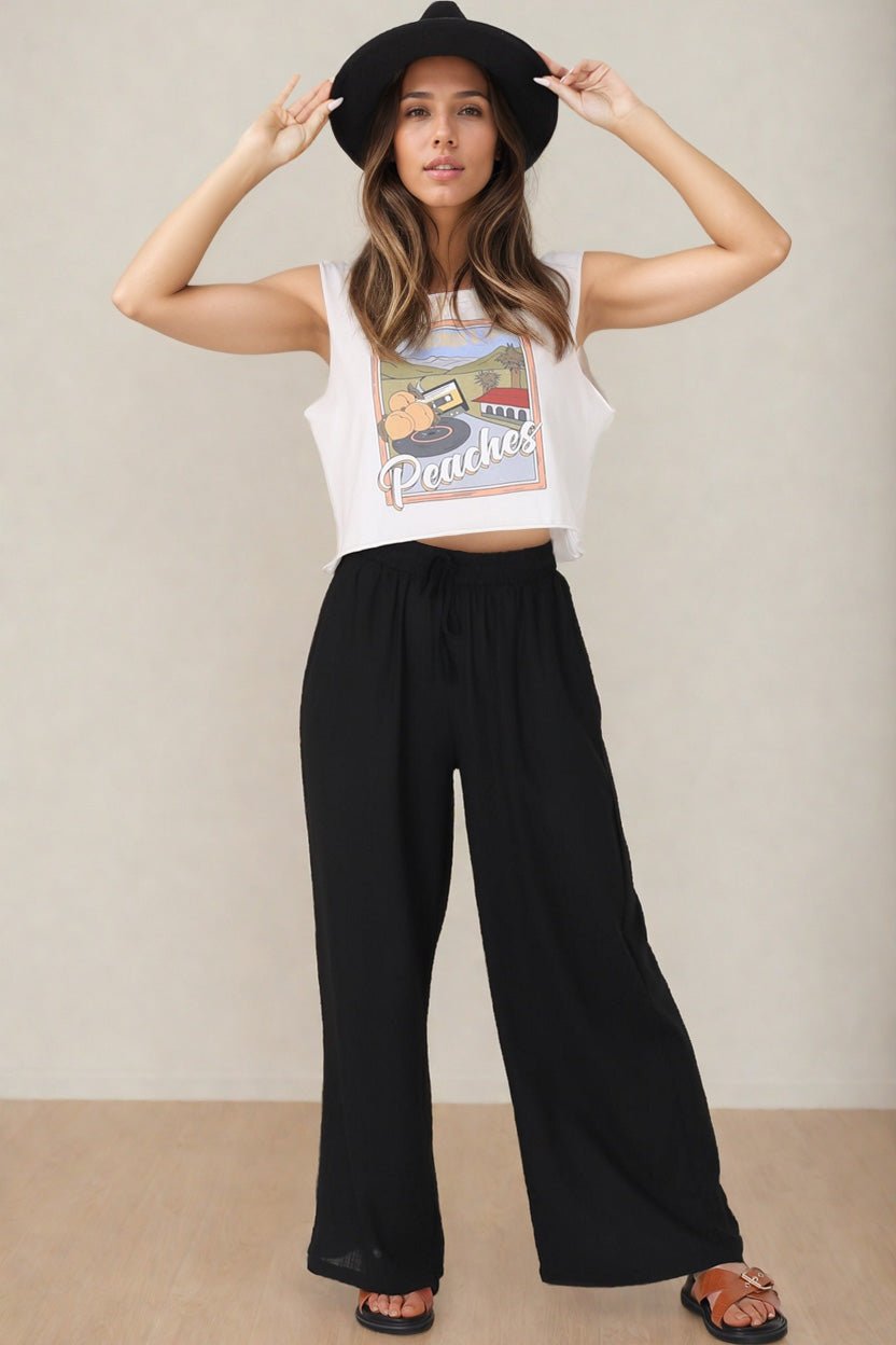 Leslie Linen Pants - Linen Elasticated Waist Straight Leg Pants in Black