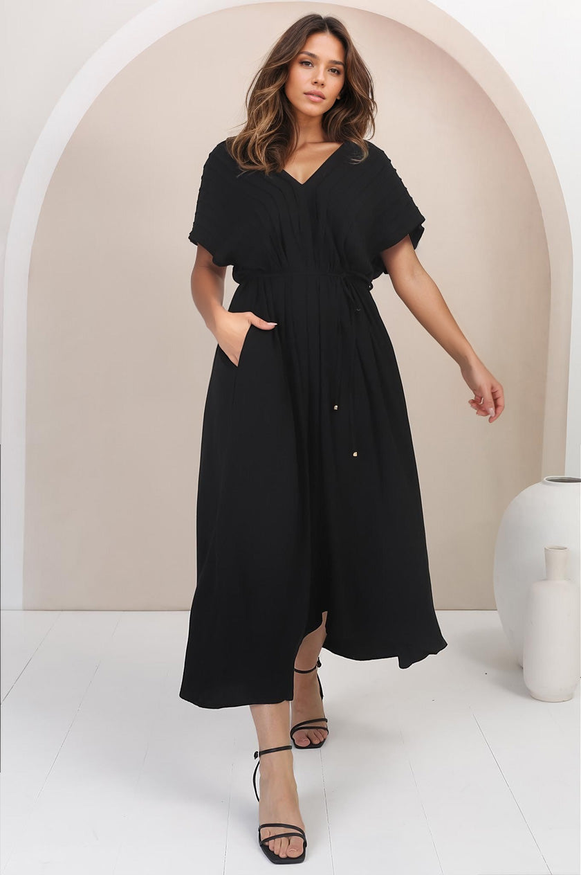 Ashanti Midi Dress - Pin Tuck V Neck Pull Over Dress with Waist Tie in Black