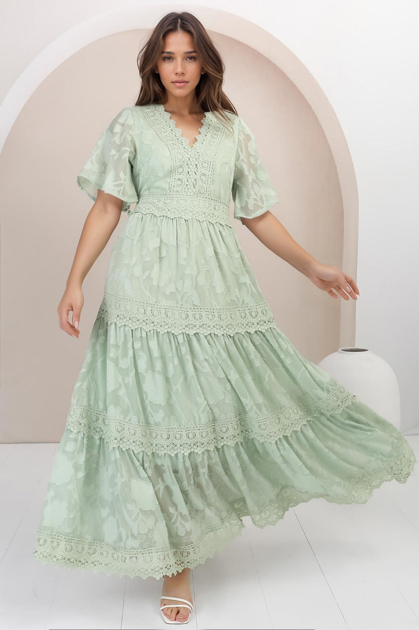 Madeline Maxi Dress - Lace Trim Embroidered A Line Dress in Mint