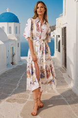 Wendie Midi Dress - Collared Button Down Dress with Bell Sleeves and Belt in Adelia Print