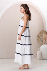 Bailie Maxi Dress - Rick Rack Detailed Sun Dress with Pockets in White