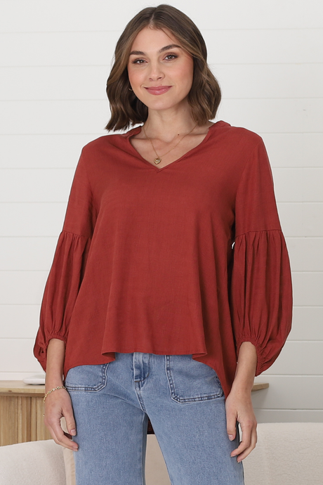 Elza Blouse - Mandarin Collar High Low Pull Over Blouse in Rust