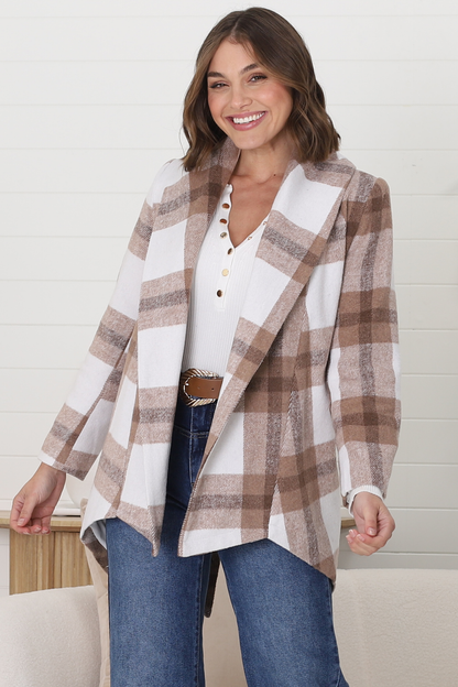 Clooney Coat - Checkered Collared Coat with Matching Belt in Taupe