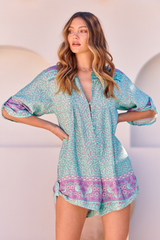 JAASE - Brinley Playsuit: Mandarin Collar with Buttoned Down Front in Aqua Love Birds Print