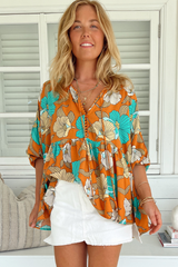 JAASE - Chloe Top: Very Oversized Crochet Trim Neckline Smock Top in Aqua Fields Print