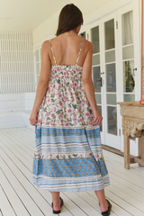 JAASE - Heidi Midi Dress: Tiered Sun Dress with Crochet Splicing in Pixie Petals Print
