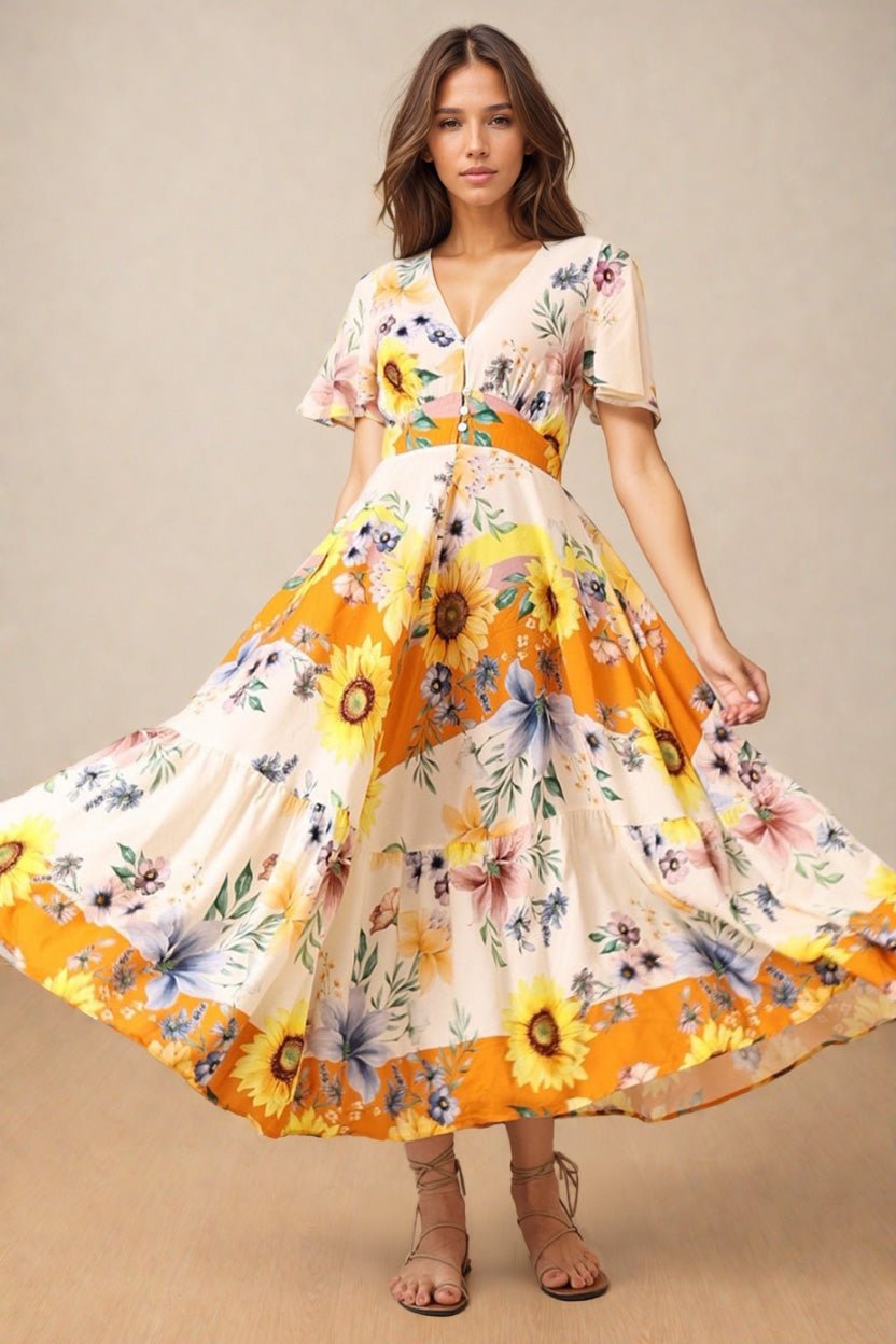 Libby Maxi Dress - Flutter Cap Sleeve Button Waist Detailed A Line Dress in Tansy Print