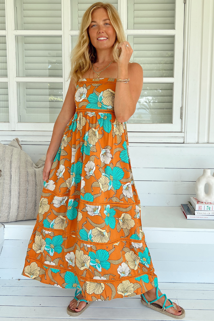 JAASE - Heidi Midi Dress: Tiered Sun Dress with Crochet Splicing in Aqua Fields Print