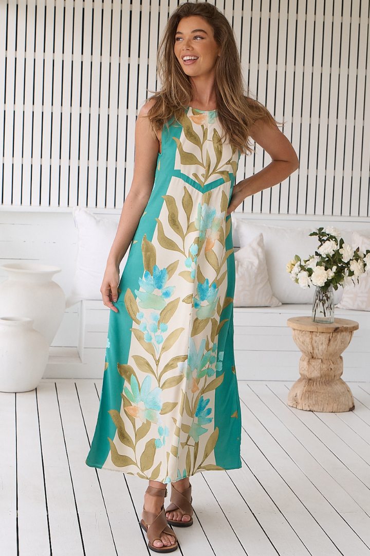 JAASE - Amira Maxi Dress: Crew Neckline with Deep V Open Back Dress in Himalayan Poppy Print