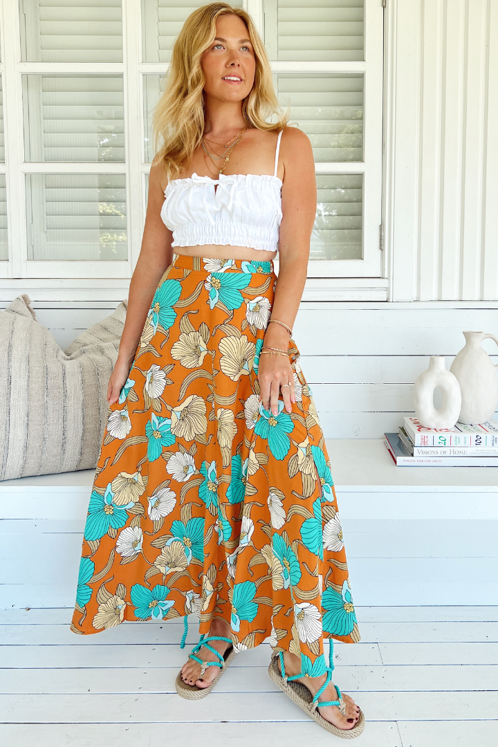 JAASE - Rocky Maxi Skirt: High Waisted Maxi Skirt in Aqua Fields Print