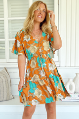 JAASE - Tess Mini Dress: Cap Sleeve Dress with Waist Tie in Aqua Fields Print