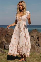 JAASE - Carmen Maxi Dress: Butterfly Cap Sleeve Button Down A Line Dress with Lace Trim in Vintage Sol Print