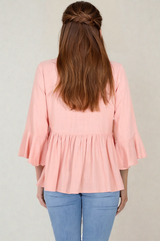 Sandy Top - Crochet Neckline Buttoned Bodice Flare Sleeve Smock Top in Pink