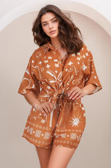 Talitha Button Up Shirt And Shorts Set - Embry Print in Orange