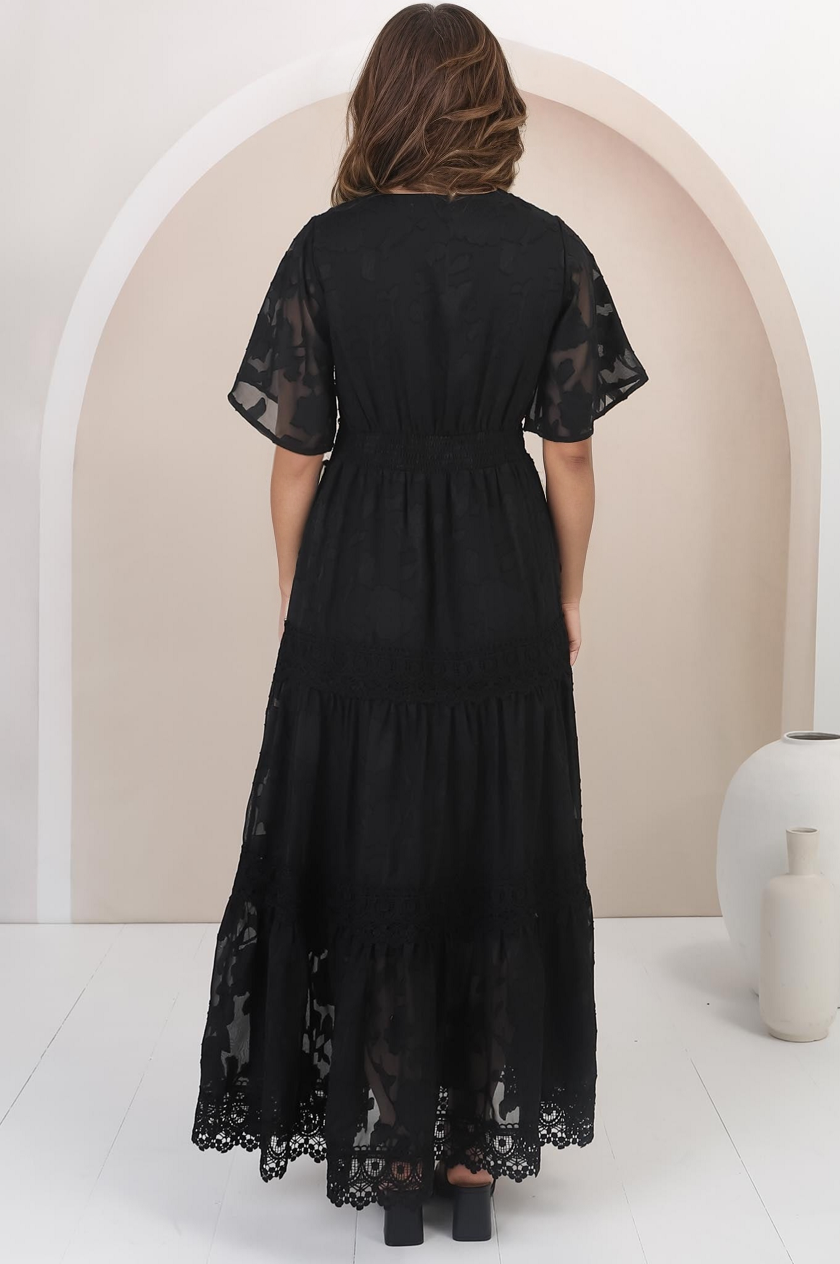 Madeline Maxi Dress - Lace Trim Embroidered A Line Dress in Black