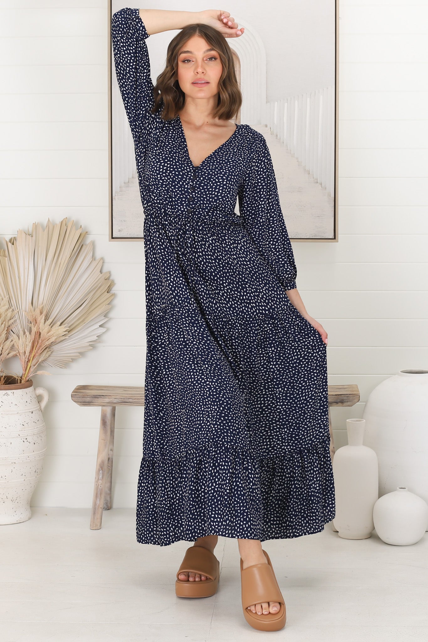 Mia Maxi Dress - V Neck 3/4 Sleeve Tiered Dress in Bell Print