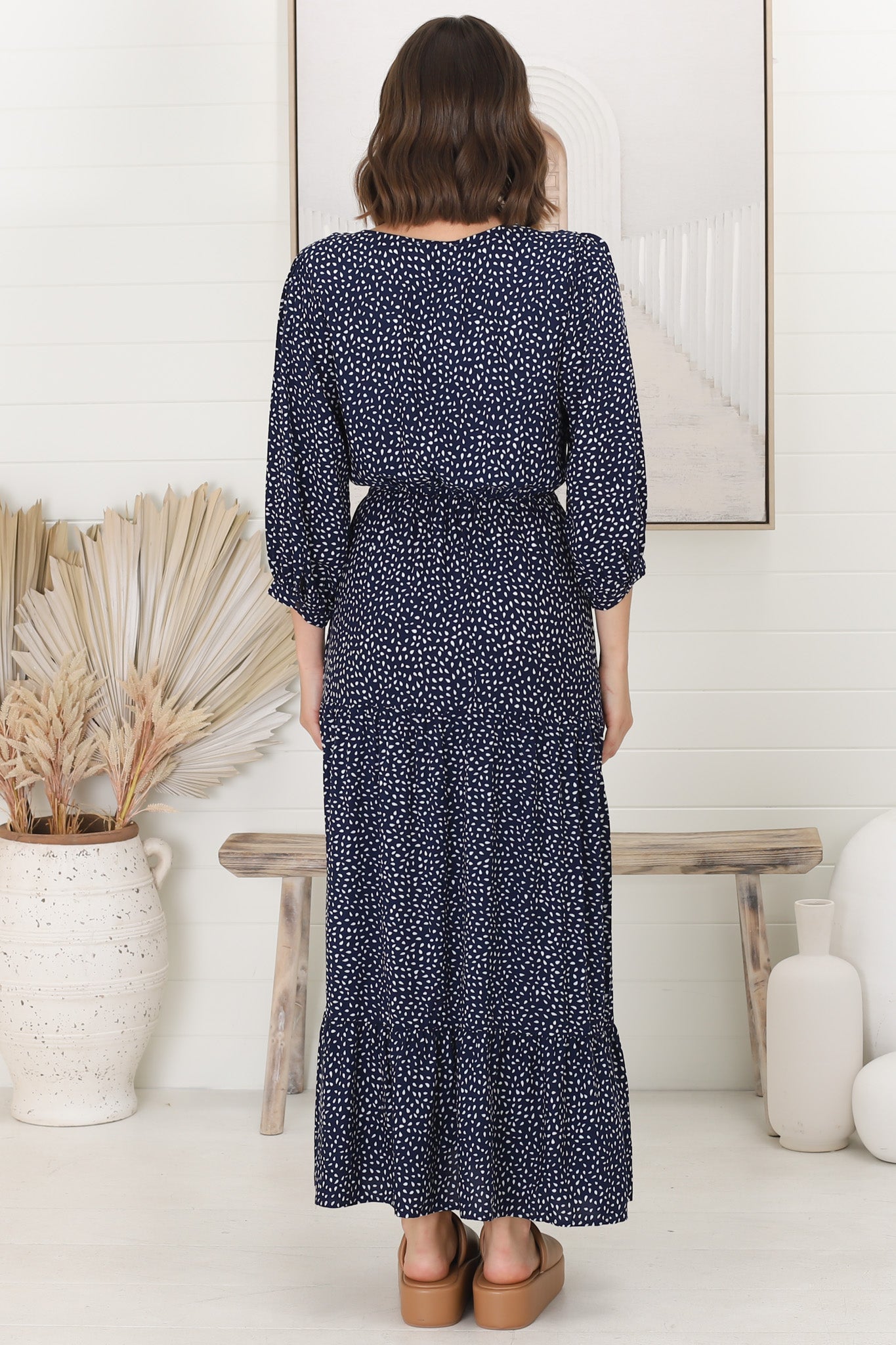 Mia Maxi Dress - V Neck 3/4 Sleeve Tiered Dress in Bell Print