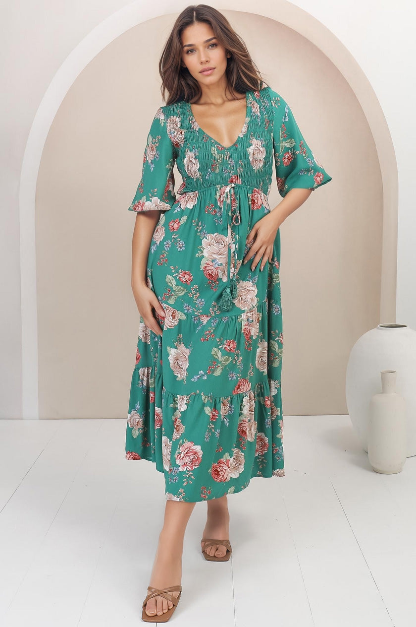 Jaden Midi Dress - Elasticated Bodice A Line Dress in our Louise Print