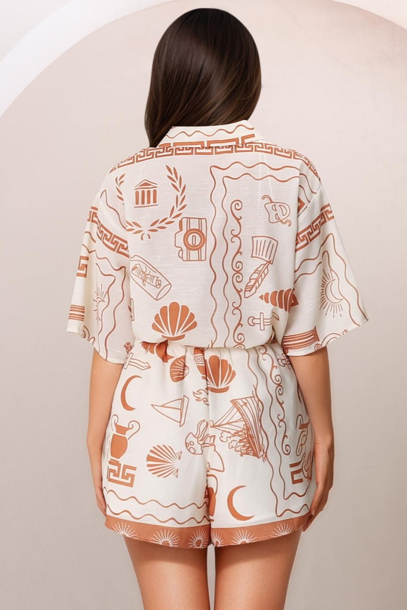 Mirian Button Up Shirt And Shorts Set - Piper Print in Tan