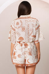 Mirian Button Up Shirt And Shorts Set - Piper Print in Tan