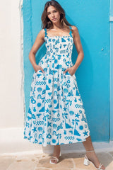 Valoria Midi Dress - Rick Rack Strap Elassicated Bodice Sun Dress in Bayu Print Blue