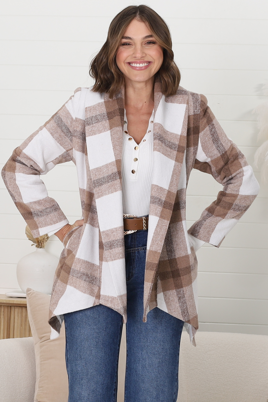 Clooney Coat - Checkered Collared Coat with Matching Belt in Taupe