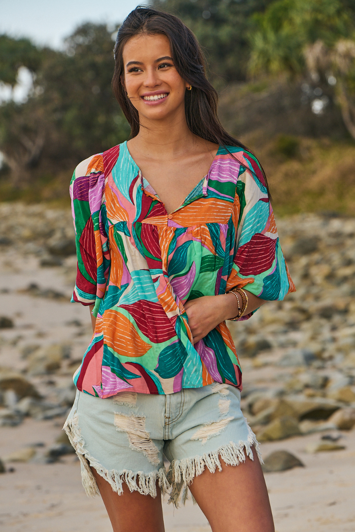 JAASE - Indira Top: Mandarin Collar Deep V Neck Top In Soiree Print