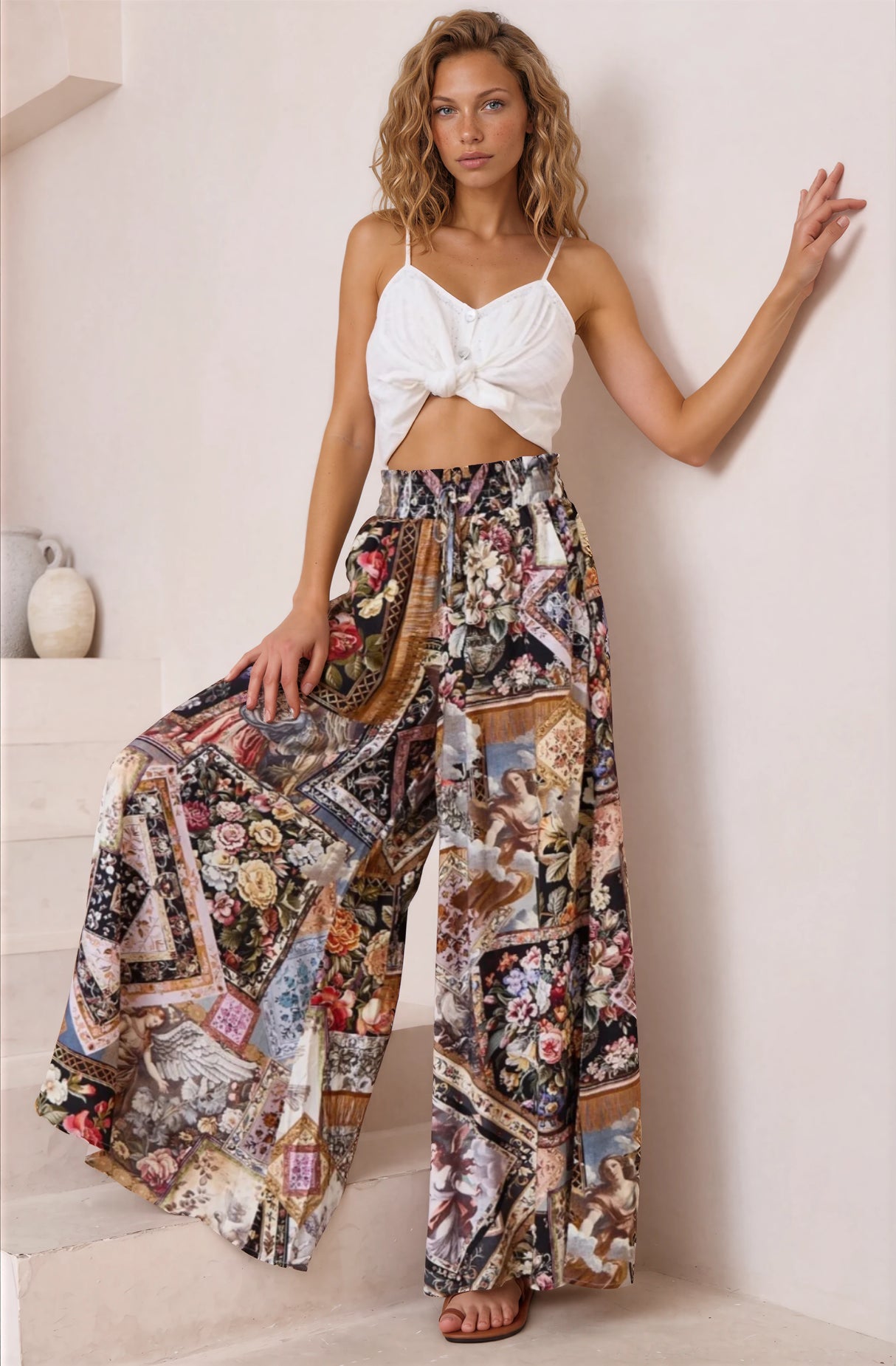 Charli Pants -  Paper Bag High Waisted Wide Leg Pants in Elaine Print