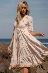 JAASE - Eve Midi Dress: V Neck Tiered Dress with Option Waist Tie in Vintage Sol Print