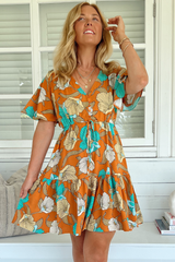 JAASE - Tess Mini Dress: Cap Sleeve Dress with Waist Tie in Aqua Fields Print