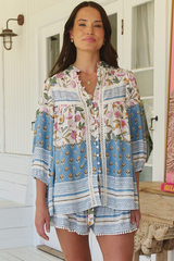 JAASE - Bee Blouse: Lace Decal Button Down Long Sleeve Blouse in Pixie Petals Print