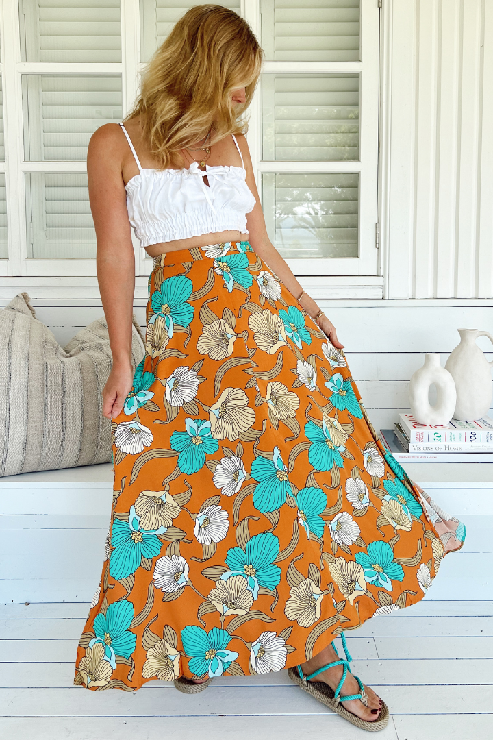 JAASE - Rocky Maxi Skirt: High Waisted Maxi Skirt in Aqua Fields Print