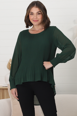 Kayt Blouse - Plisse Long Sleeve Top with High-Low Hemline in Green