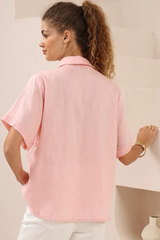 Amanda Shirt - Collared Button Down Shirt with Contrast Stitching in Pink