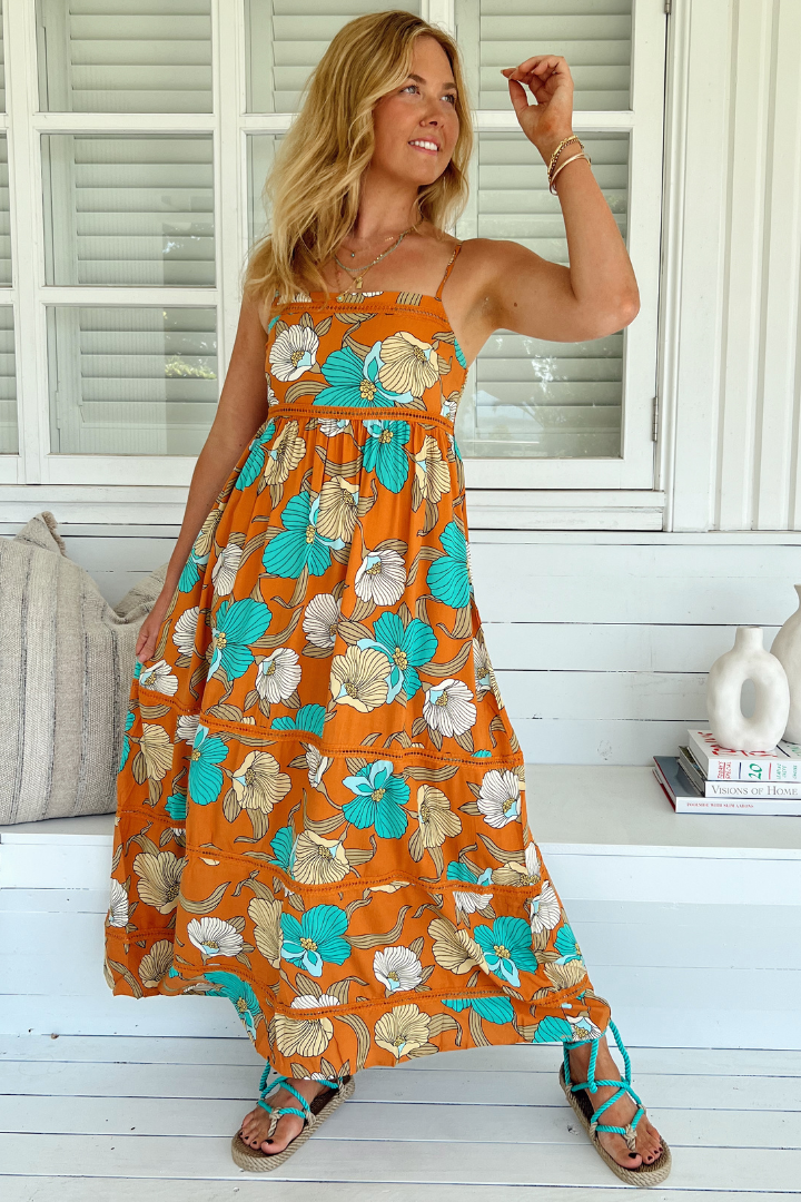 Heidi Midi Dress - Tiered Sun Dress with Crochet Splicing in Aqua Fields Print