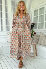 JAASE - Boheme Midi Dress: Piping Defined Bust Slimline Smock Dress in Harlowe Print