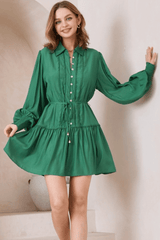 Abby Mini Dress - A Line Long Balloon Sleeve Dress in Emerald Green