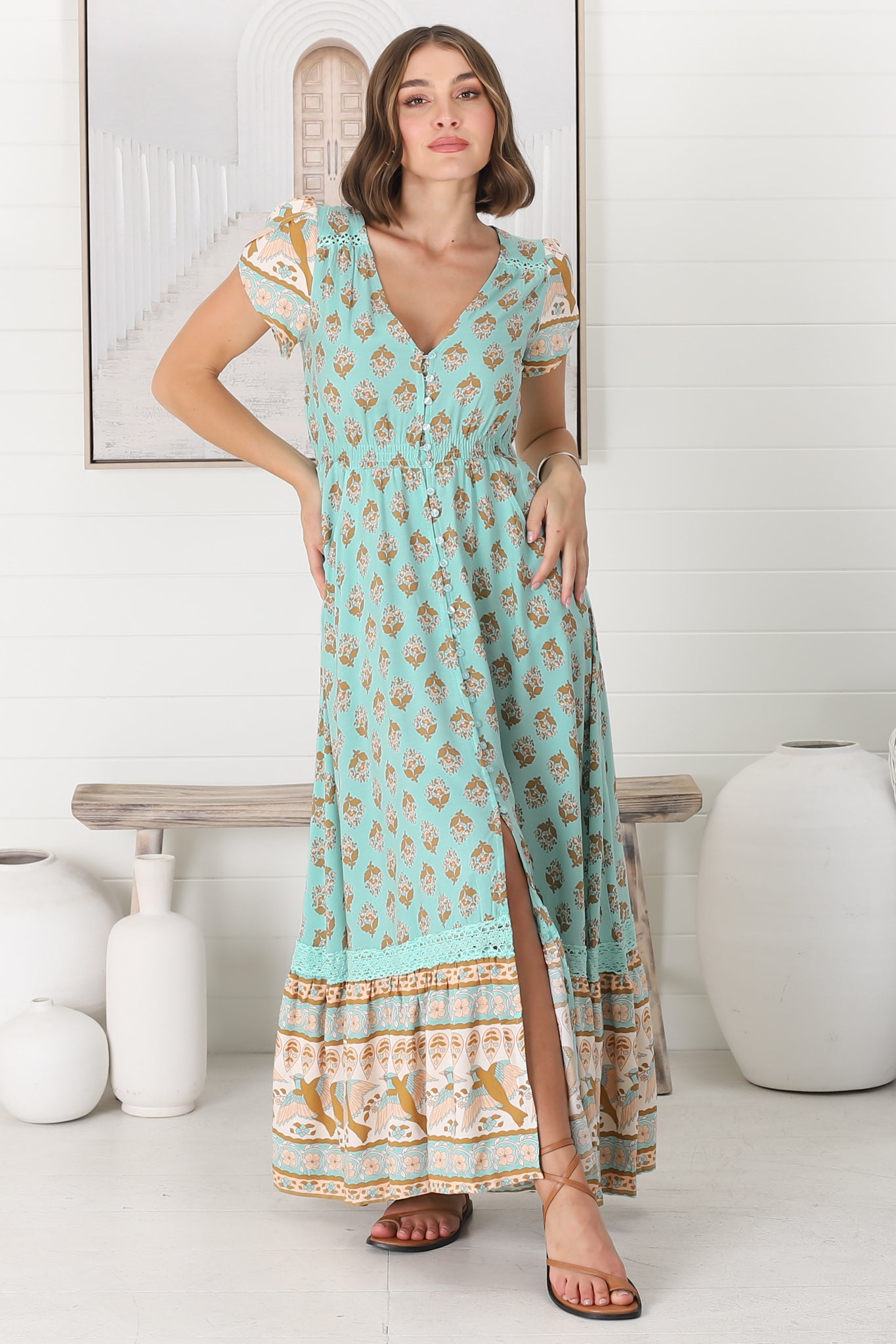JAASE - Carmen Maxi Dress: Butterfly Cap Sleeve Button Down A Line Dress with Lace Trim in Aquarius Print