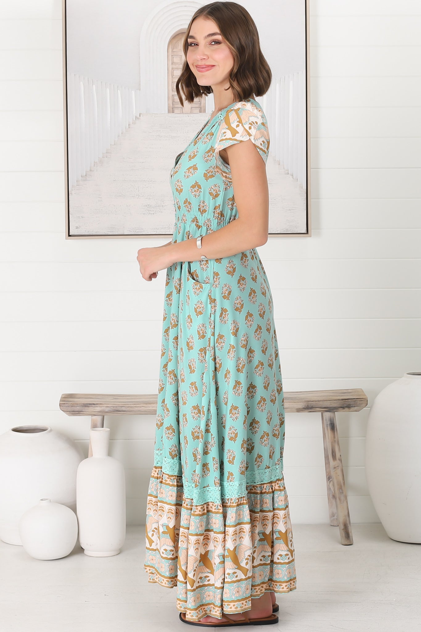 JAASE - Carmen Maxi Dress: Butterfly Cap Sleeve Button Down A Line Dress with Lace Trim in Aquarius Print