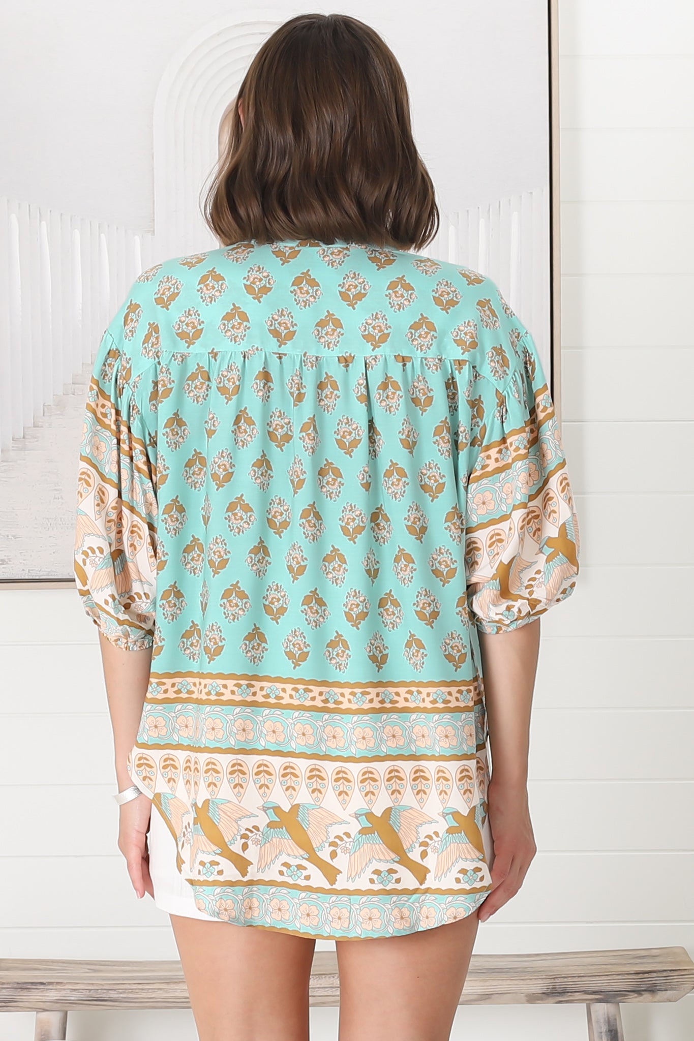 JAASE - Gypsea Blouse: Mandarin Collar Relaxed Button Down Shirt with Balloon Sleeves in Aquarius Print