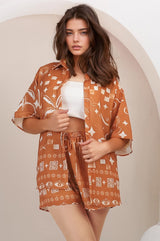 Talitha Button Up Shirt And Shorts Set - Embry Print in Orange