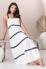 Bailie Maxi Dress - Rick Rack Detailed Sun Dress with Pockets in White